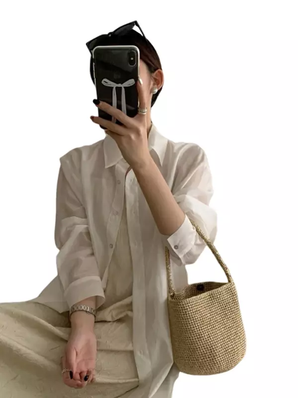 중국 신상 단색 루즈 여성 셔츠, 화이트 심플 기본 긴팔 탑, 캐주얼 패션 스트리트 슬림 스플릿 여성 셔츠