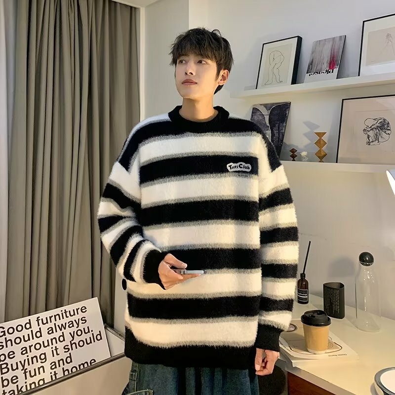 Sweaters Men Contrast Color Autumn American Retro Baggy Advanced All-match Fashion Striped Males Knitwear Youthful Popular Daily