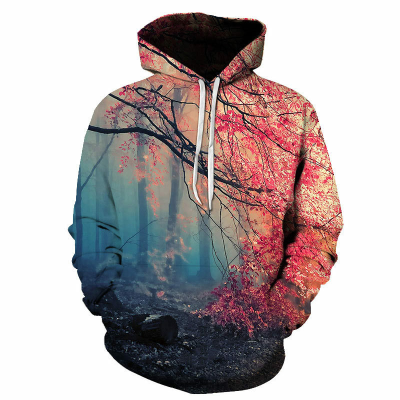 새로운 봄 패션 자연 풍경 남자 후드 3d 인쇄 레저 야외 나무 단풍잎 눈 스포츠 셔츠, 경량