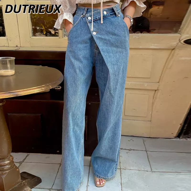 Korea-Stil Herbst Retro Minderheit hohe Taille All-Matching-Jeans hose unregelmäßige diagonale Schnalle Design weites Bein Jeans für Frauen