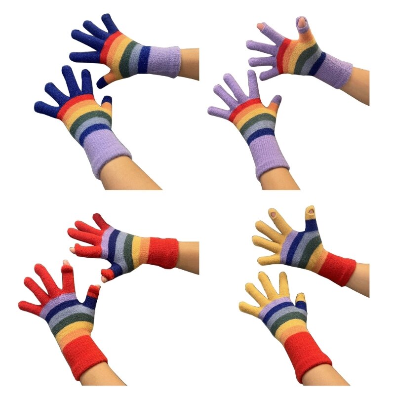 Kobiety kolorowe wzór w paski rękawiczki robione na drutach Y2K dziewczęce 2 odsłonięte palce rękawiczki z pełnym palcem ciepłe rękawiczki do jazdy na rowerze zimna pogoda