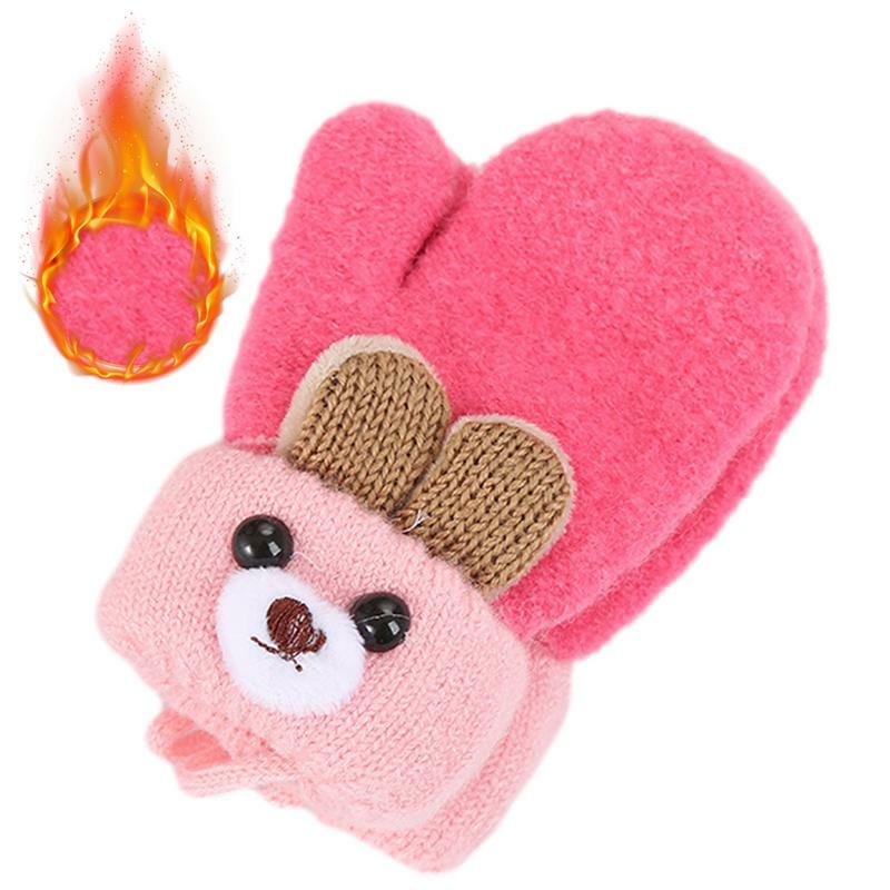Cute Cartoon Bear Baby Gloves Winter Knitted Wool Infants Mittens Thick Warm Full Rope Gloves For Boys Girls Toddlers 0-3 Years