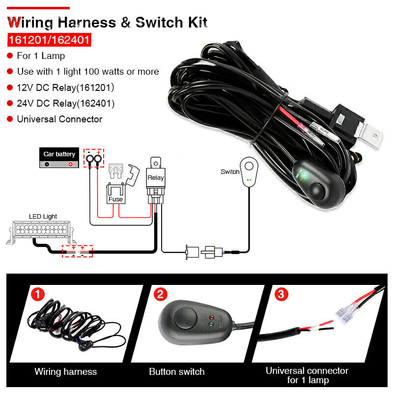 Wiring Harness Kit For 1 Lamp 2 Lamps  Fuse On-off Switch 12V Relay 180 W\300w For 4-52 Inch Led Work Light Bar lamp Accessories