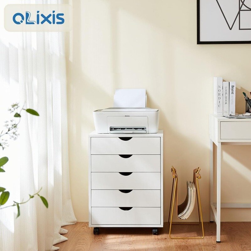 OLIXIS 목재 파일 캐비닛, 홈 오피스 휴대용 모바일 스토리지, 흰색, 15.75 인치 D X 18.74 인치 W X 25.39 인치 H, 서랍 5 개