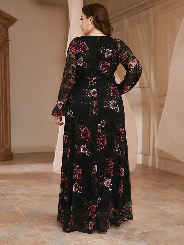 TOLEEN 2024 New Plus Size  Luxury Elegant Party Evening Dress Spring Summer Lace Mesh Floral Print Lantern Sleeve Women Clothing