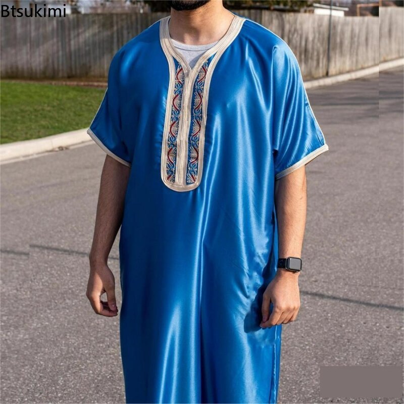 Bata musulmana de media manga para hombre, ropa islámica de Oriente Medio con tira Vertical, Arabia Saudita, Juba Thobe, novedad de 2024