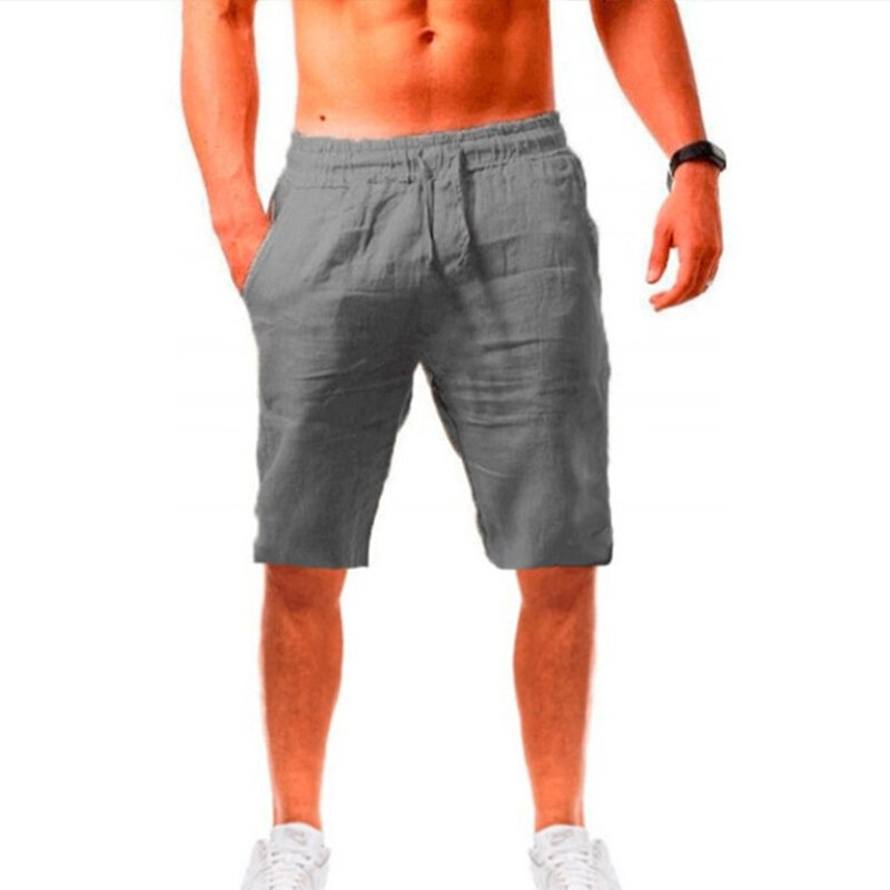 Shorts esportivos casuais masculinos, linho de algodão, monocromático, confortável, respirável, 5 pontos, jogging, calça de praia, verão, novo