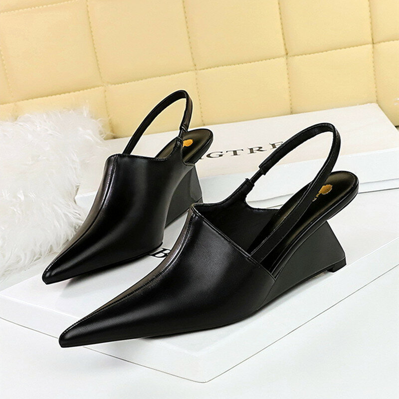Wedge Strange Style High Heels Women Sexy Pointy Toe Backstrap Sandals Covered Head Design Party Dress Mules Shoes Women Pumps