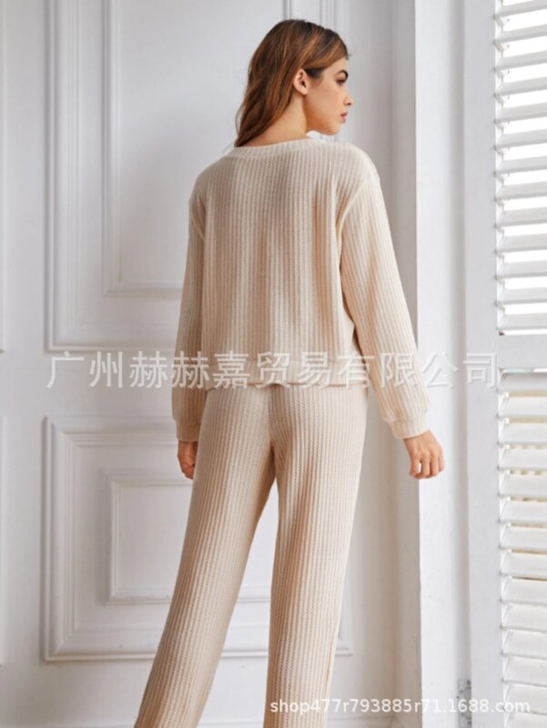 Conjunto de calças e calças manga comprida decote em O feminino, monocromático, nova moda, outono