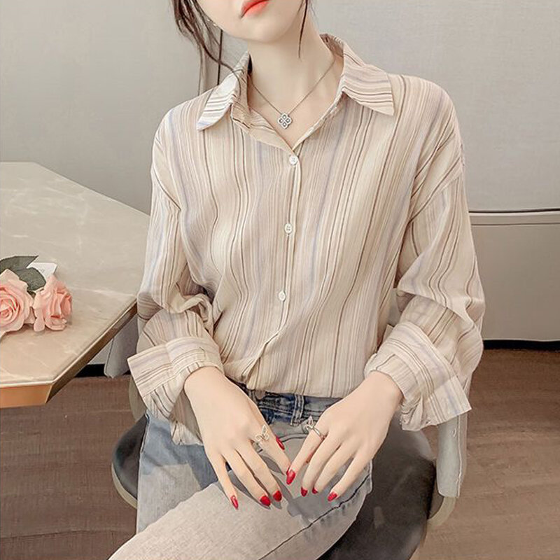 Elegant Fashion Striped Print Street All Match Shirts for Women Spring Autumn Casual Chic Long Sleeve Top Blouse Female Clothing