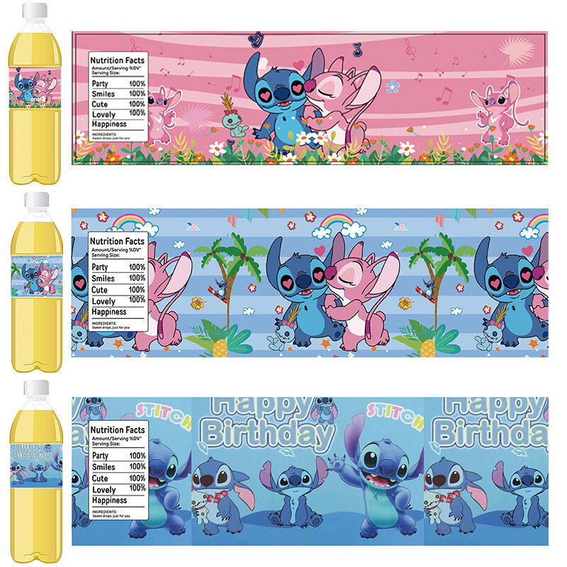 Disney Stitch-pegatinas de Lilo Stitch para botella, suministros de decoración de cumpleaños, Stitch azul, fiesta feliz, Baby Shower