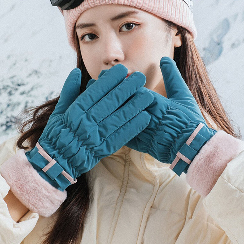 Sarung tangan berkendara wanita, tahan angin tebal lembut bulu manset Anti licin desain tahan air untuk cuaca dingin luar ruangan ski bersepeda