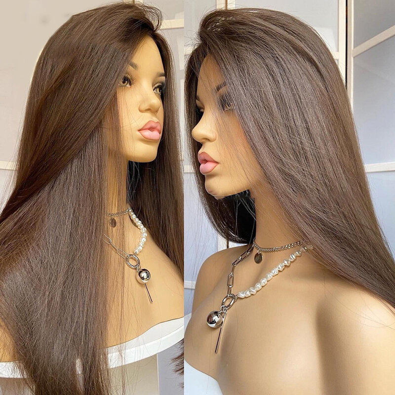 Soft Glueless 28 inch Brown Silky Straight 5x5 Silk Base Jewish Human Hair Wig With Baby Hair HD Lace European Hair Preplucked