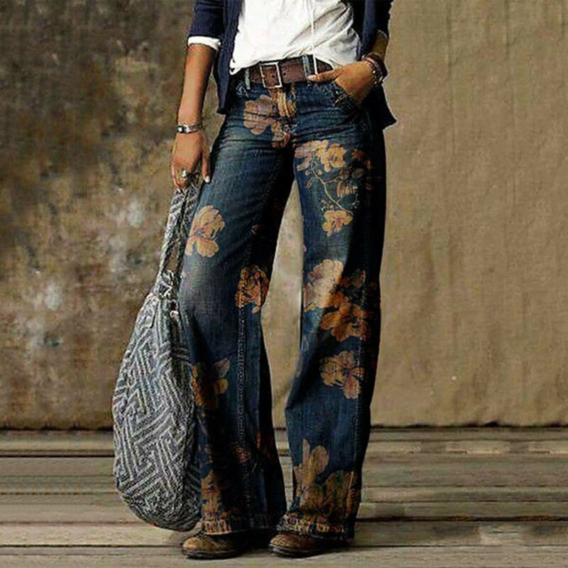 กางเกงยีนส์ลำลองผู้หญิงพิมพ์ลายดอกไม้วินเทจแฟชั่นกางเกงยีนส์ทรงหลวมตรงยาวกางเกงยีนส์เอวสูงขากว้าง
