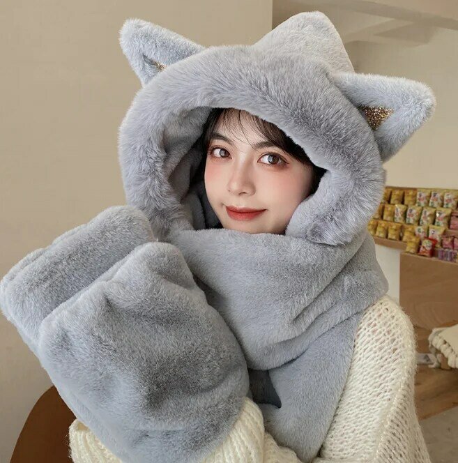 Cat Hat Imitation Fur Winter Women's Fashion Foreign Trade Cross-border Warm Autumn Plush Hat Scarf Glove Integration Pink