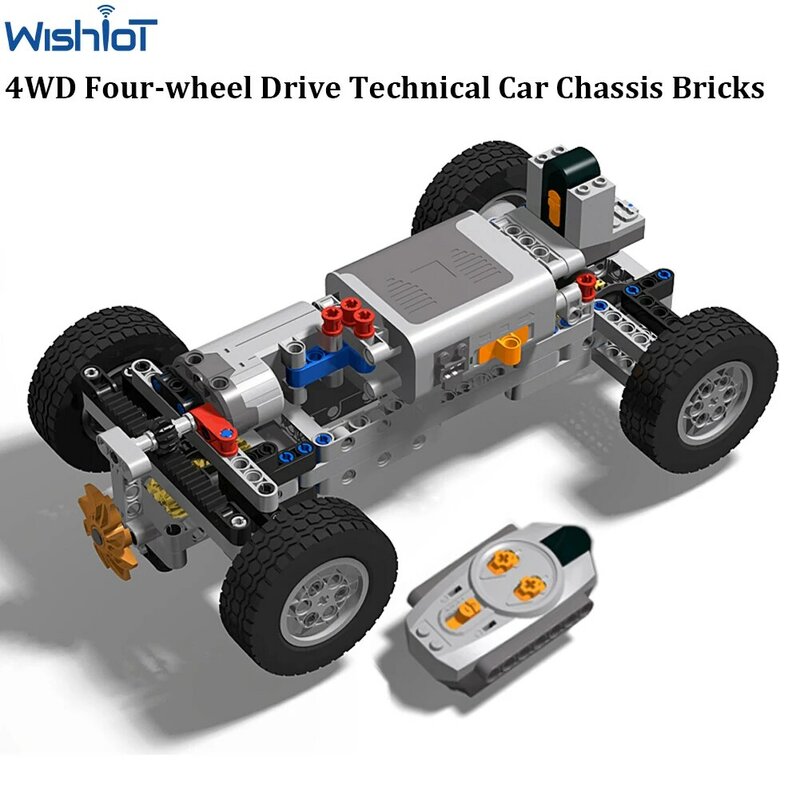 4WD Mobil Teknis Penggerak Empat Roda Bata Rangka Mobil IR Remote Control Receever M Motor AA Kotak Baterai Kit Komponen MOC untuk Legoeds