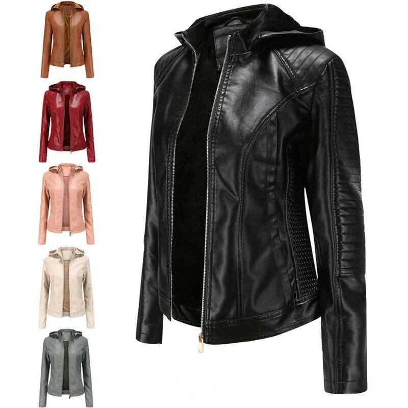 Куртка UHYTGF из искусственной кожи на осень и зиму, Женская куртка в стиле панк со съемной плюшевой шапкой и капюшоном, кожаное пальто большого размера, женская короткая верхняя одежда 416