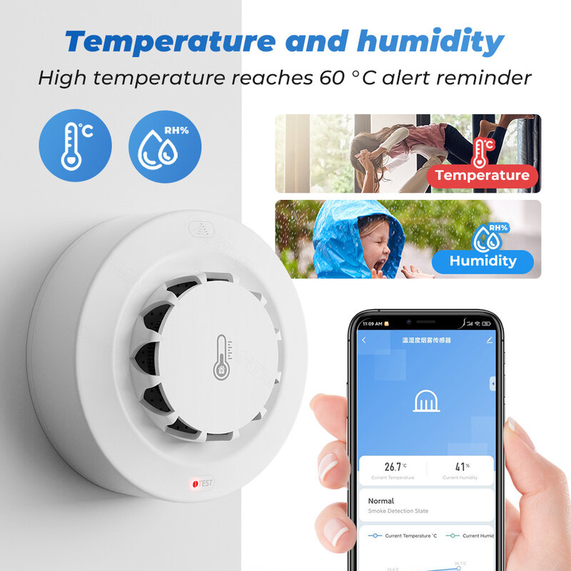 Tuya-Wi-Fi,煙探知器,アラーム,音声センサー80db,スマート火災温度および湿度検出器,セキュリティ保護,Alexa,Google Home,スマートライフ