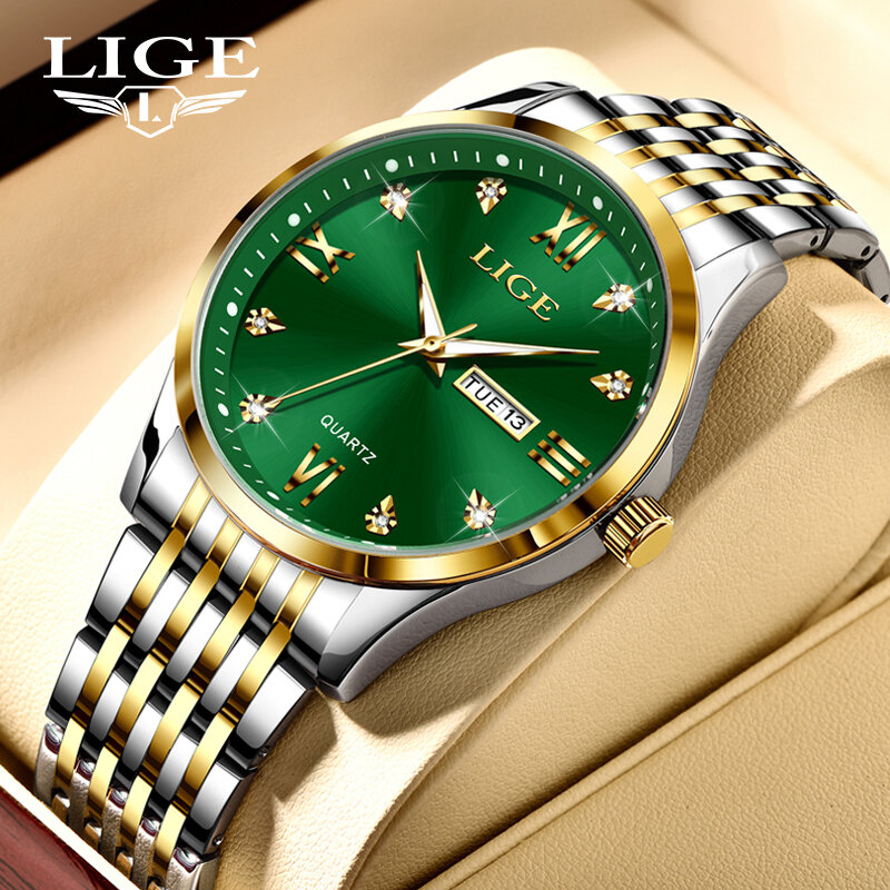 LIGETop-Marca de Luxo Masculina Quartz Watch, Relógios Empresariais, Banda Inoxidável, Data, Impermeável, Luminoso, Semanas Relógio