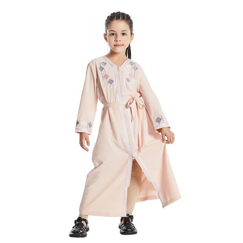 Vestido bordado menina com cinto, decote em v, manga comprida, abaya, kaftan islâmico, túnica árabe, festa do Eid, muçulmano, zíper