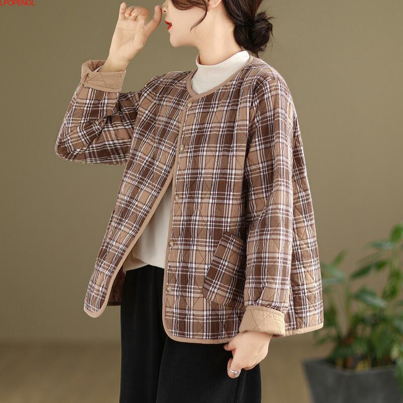 Vintage Long Sleeves Single Breasted Cotton Coat Women's Autumn And Winter Literary Plaid Warm Wide-waisted Round Neck Jacket