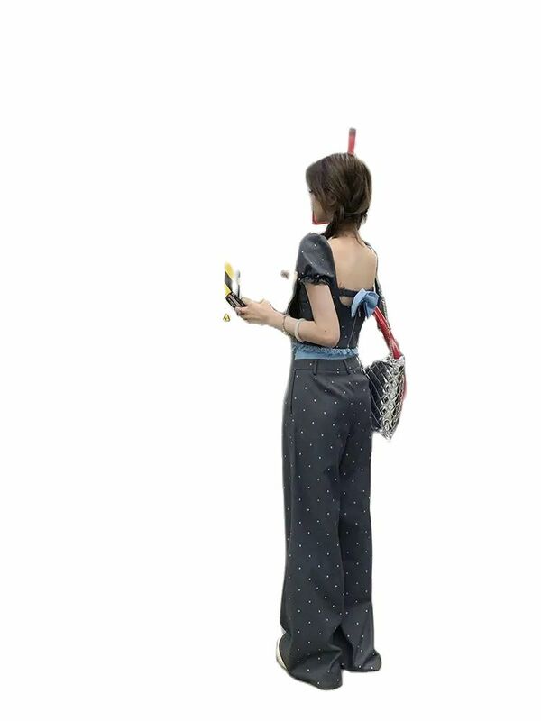 Conjunto feminino de calças largas e cintura alta com arco azul dividido, cintura alta, menina picante, roupas de bolinhas cinza, verão, 2 peças
