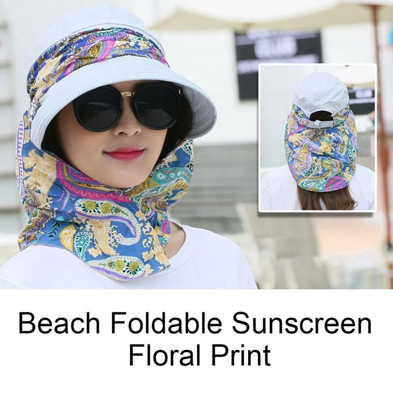 قبعات شاطئ مطبوعة بالزهور تغطي الوجه ، ركوب عصري في الهواء الطلق ، قبعة مضادة للأضواء ، غطاء وجه ، قابل للطي ، حافة عريضة ، E7p3