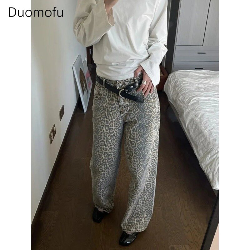 American Washed Leopard Print Wide Leg Jeans for Women Retro Street Distressed New Harajuku Style Hottie Baggy Y2K Casual Pants