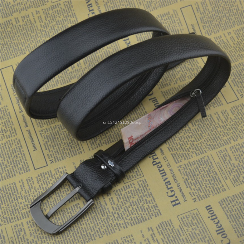 Cinturón con cremallera de 130cm para hombre, cinturón de cuero de alta calidad para poner dinero, cinturón con hebilla, billetera oculta