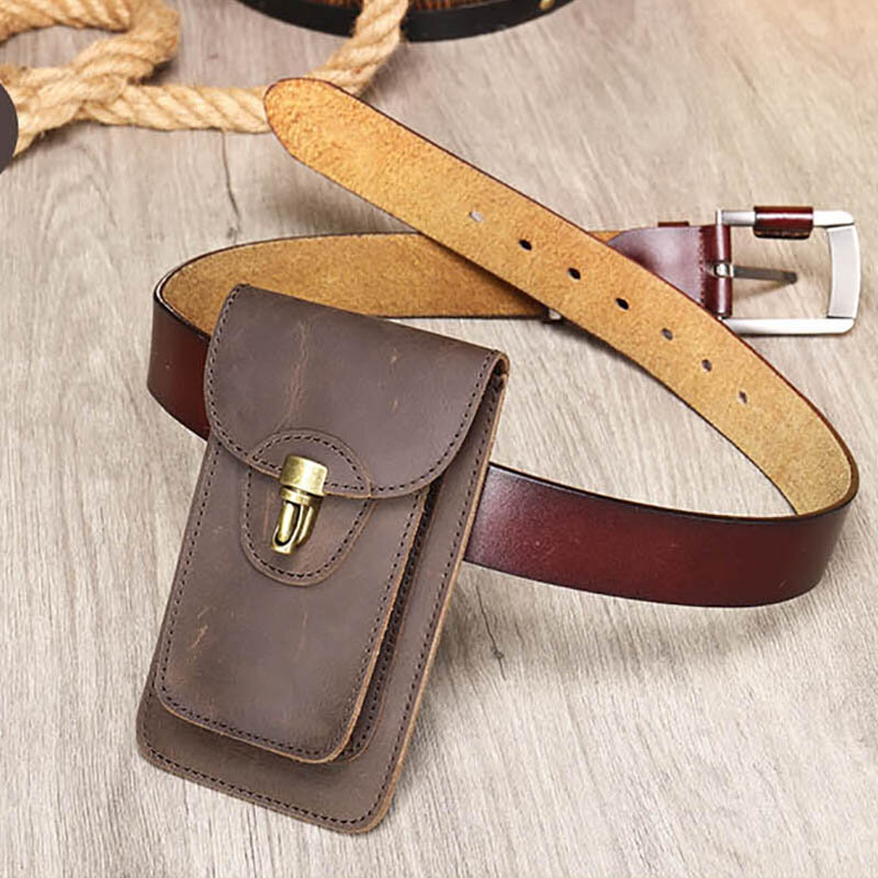 Genuine Leather Men Waist Bag Casual Cowhide Fashion Small Hook Bag Waist Belt Pack Cigarette Case 6.7" Phone Pouch