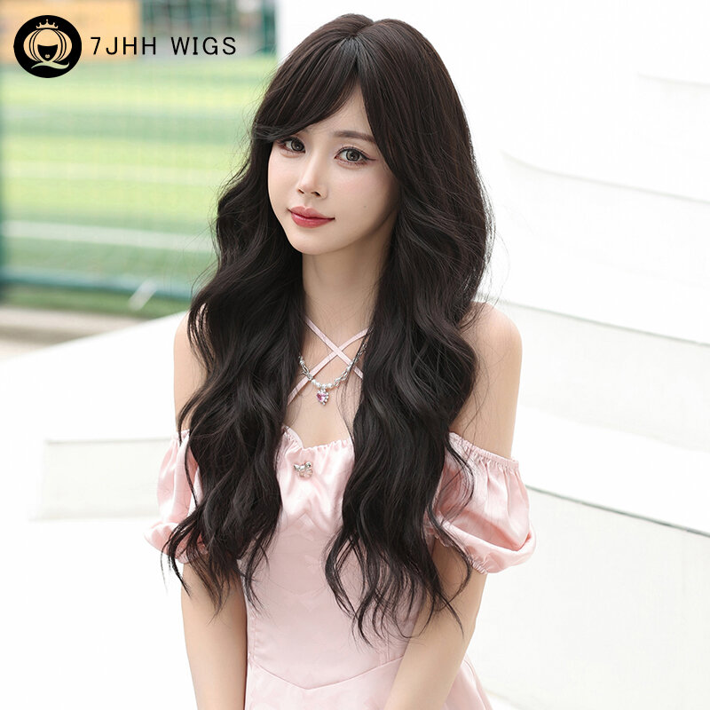 7JHH WIGS Side Part Wig Synthetic Layered Body Wavy Dark Brown Wig for Women High Density Long Curly Wigs with Bangs Glueless