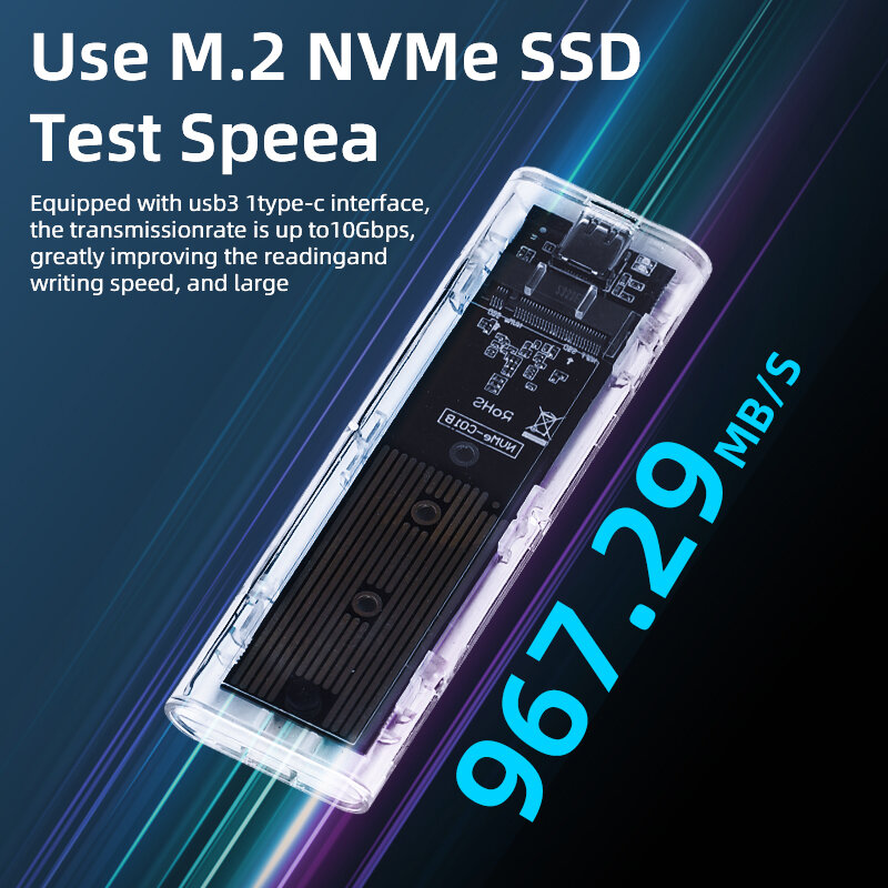 M.2 NVME PCIe NGFF SATA 듀얼 프로토콜 SSD 케이스, 투명 USB C 타입, 10Gbps PCI-E M2 SSD, 투명 외장 인클로저 하드 디스크 박스