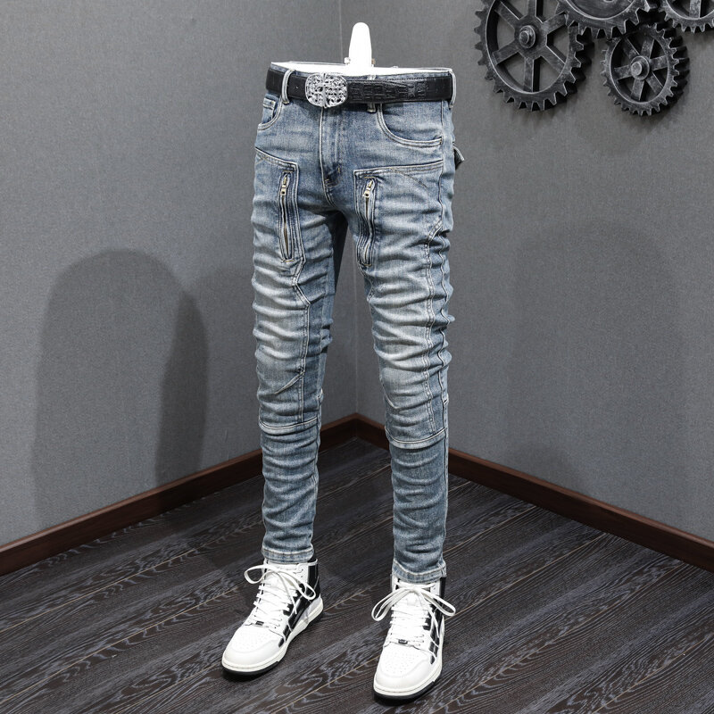 Główna ulica modne dżinsy męskie Retro sprany niebieski elastyczny Slim Fit z jeansy dla motocyklistów i zamkiem błyskawicznym spodnie w stylu Hip Hop Hombre