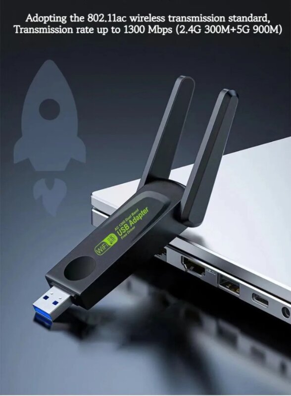 Adattatore USB WiFi da 1300Mbps Dual Band 2.4G/5Ghz Dongle wi-fi 802.11AC potente Antenna ricevitore Wireless per PC Laptop Driver gratuito