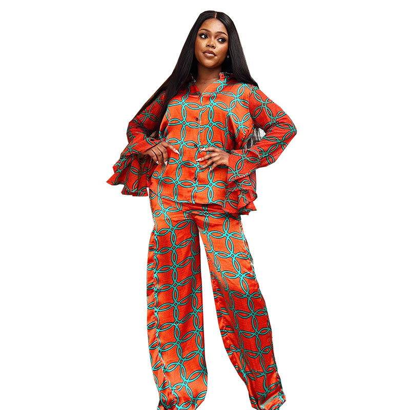 2023 sommer Mode Stil Afrikanische Frauen Langarm V-ausschnitt Polyester Druck Zwei Stück Sets Top und Lange Hose Afrikanische Anzug