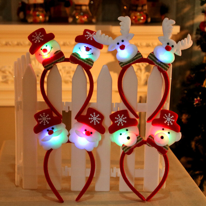 Diadema con luz LED para Navidad, cinta para el pelo de Papá Noel, Reno, muñeco de nieve, oso, accesorios para el cabello, doble brillo, novedad
