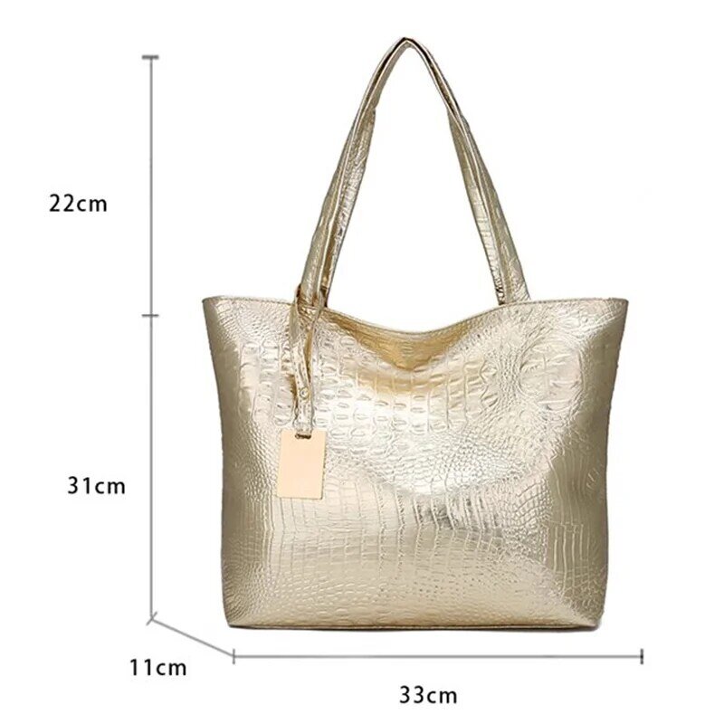 กระเป๋าสะพายไหล่สำหรับผู้หญิงแฟชั่นลำลองสีเงินสีดำสีทองกระเป๋าโท้ทหนัง PU สำหรับผู้หญิงขนาดใหญ่ถุงกระเป๋าถือของผู้หญิง