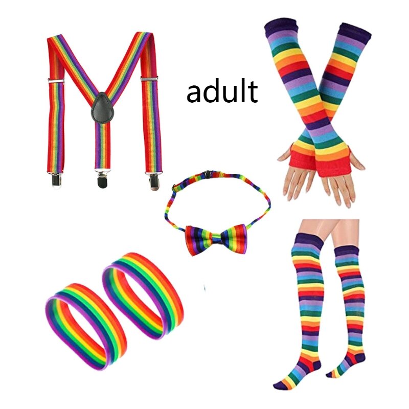 Ouder-kind volwassen kinderen regenboog kostuum accessoires set inclusief strikje bretels sokken vingerloze handschoenen
