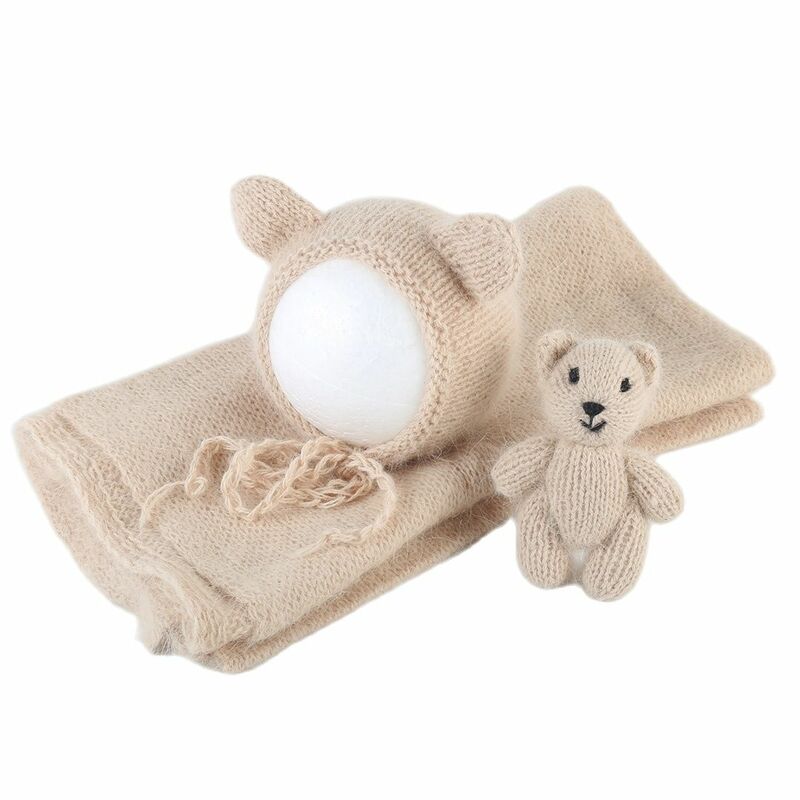 Angora Licht Grau Neugeborenen Stretch Jersey Knit Wrap Mit Teddy Bär Motorhaube Spielzeug Set Fotografie Requisiten Vintage Baby Pullover Hut spielzeug