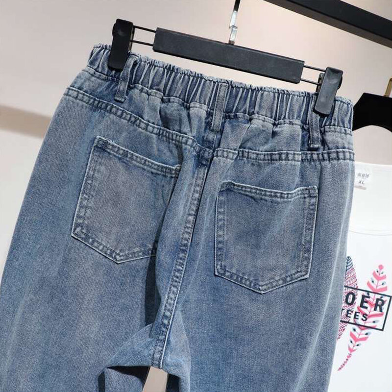 Pantalon en denim taille haute élastique pour femme, streetwear basique simple, pantalon surdimensionné, sarouel longueur rinçage, 5XL