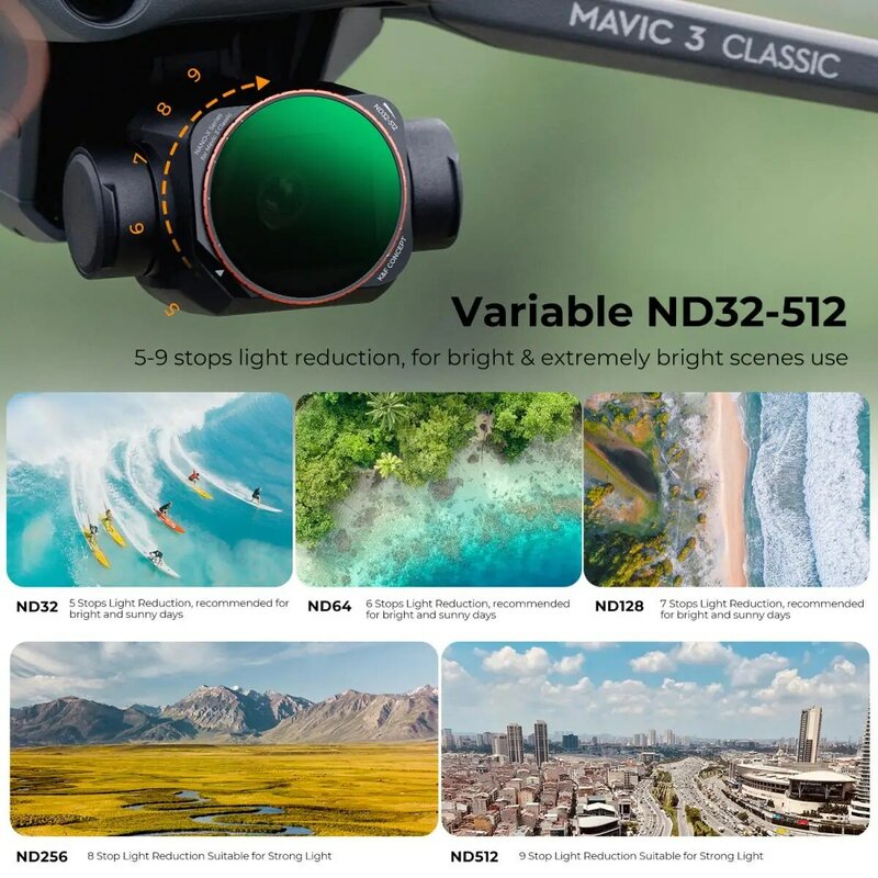 K & F Concept Drone Filter Kit, lentes ND variáveis, filtros configurados para DJI Mavic 3 Classic ND2-32 1-5 Pára & ND32-512 5-9 Pára a câmera