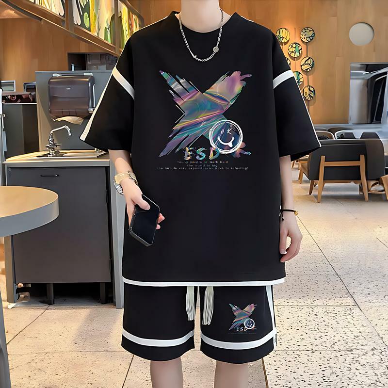 New Summer Men's Short Sleeve T-shirt Suit Fashionable Trendy Korean Style Loose Printed Letter Smiling Face Design Sports Set