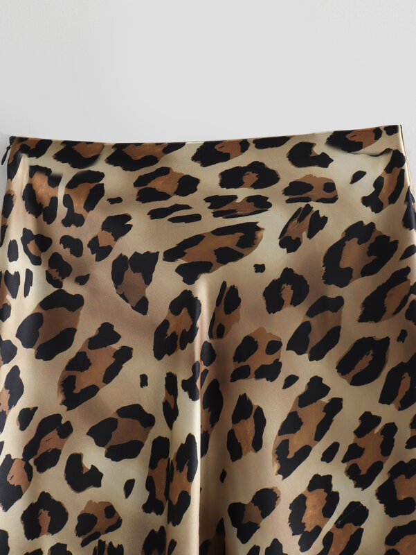 Women 2024 New Fashion Silk texture leopard print Midi Skirt Vintage High Waist Back Zipper Female Skirts Mujer