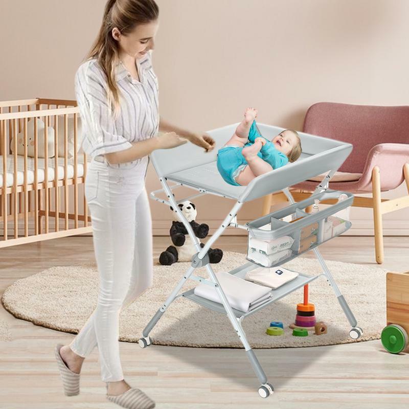 Diaper Table With Wheels Height Adjustable Diaper Changing Table For Toddler Toddler 0-6 Months Nursery Bathroom Large