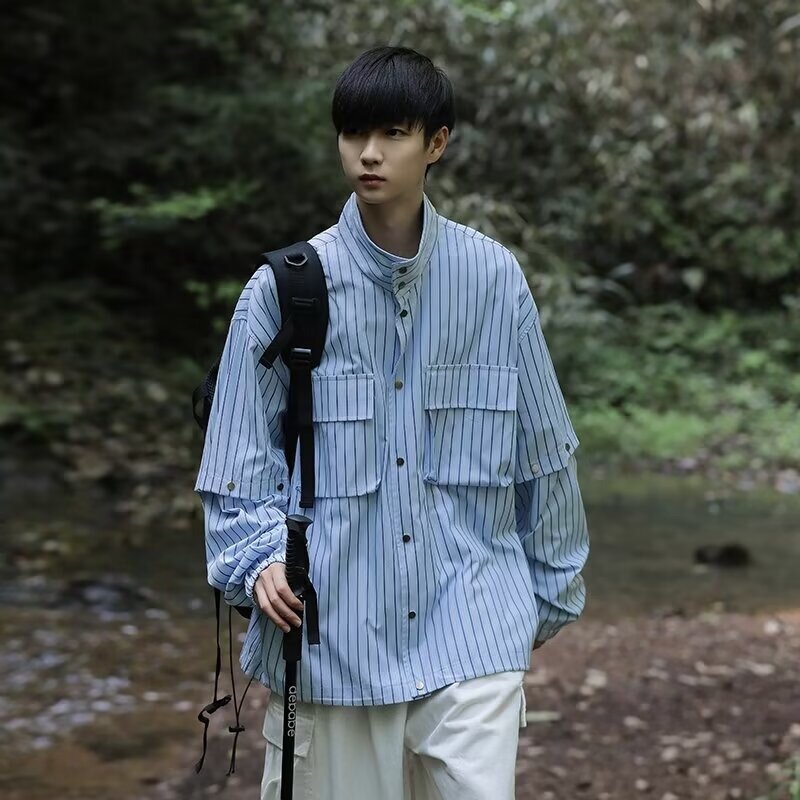 Camisa a rayas con mangas desmontables para hombre, versión coreana, moda y guapo, chaqueta Ins, novedad de verano 2024