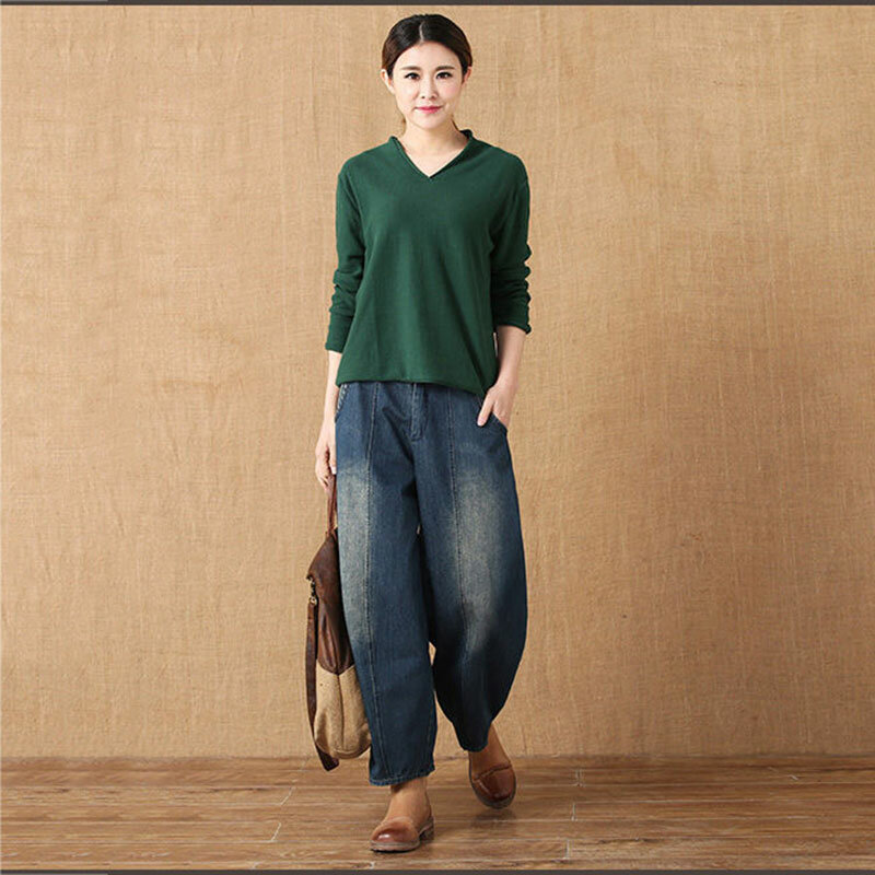 Nữ Vintage Cao Cấp Quần Baggy Jeans Size Lớn 34 Dạo Phố Tẩy Trắng Jean Bloomers Rời Cổ Bạn Trai Denim Quần