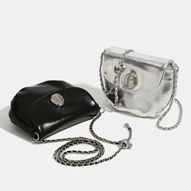 Withered Fashion Blogger Casual Silver Patent Leather Chain Bag Retro Saddle Bag Versatile Messenger Bag Mobile Phone Bag Girls