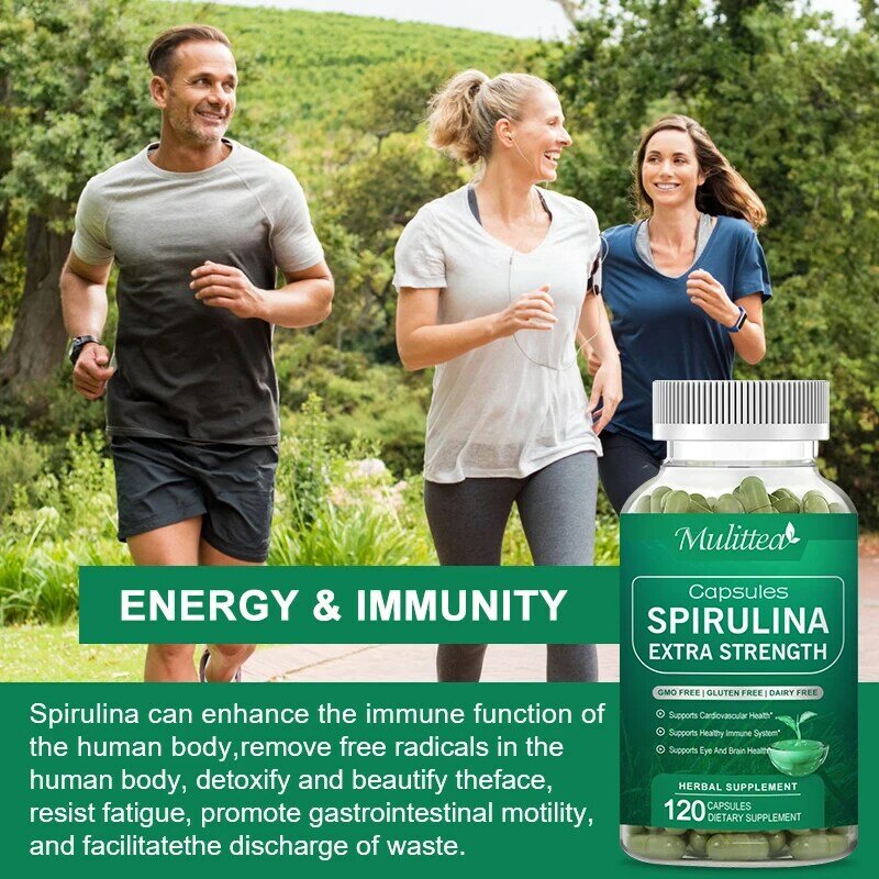 Mulittea kapsul Spirulina kemurnian tinggi makanan super hijau dukungan jantung mata kardiovaskular & kesehatan otak gratis pengiriman