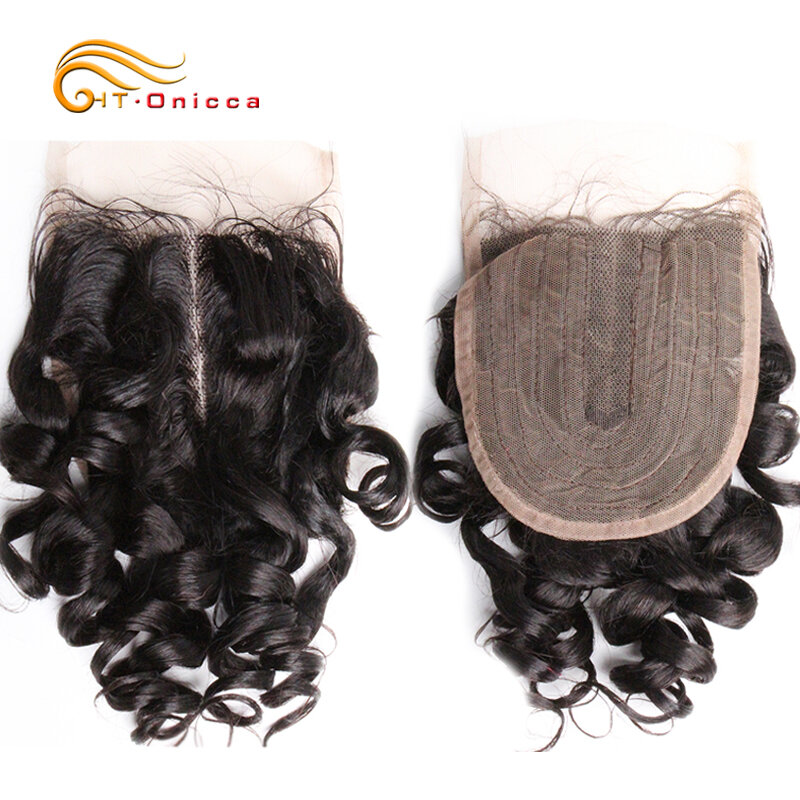 Htonicca Lace Closure Human Hair Brazilian Curly 4x1 T Part Lace Closure With Baby Hair Natural Color Middle Part Curly Closures