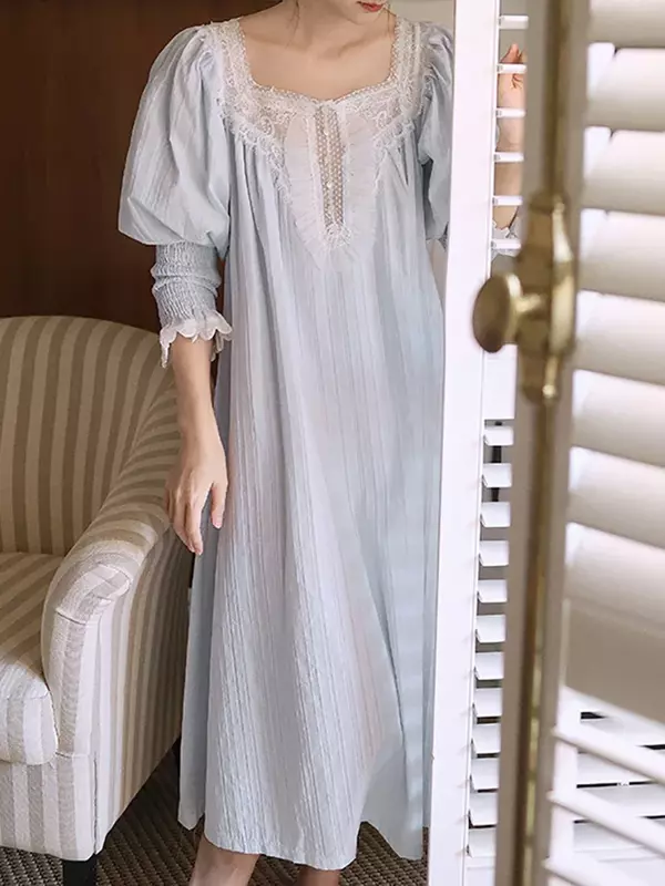 Women Pure Cotton French Fairy Pajama Nightdress Vintage Princess Long Sleeve Mesh Spring Autumn Victorian Nightgowns Sleepwear
